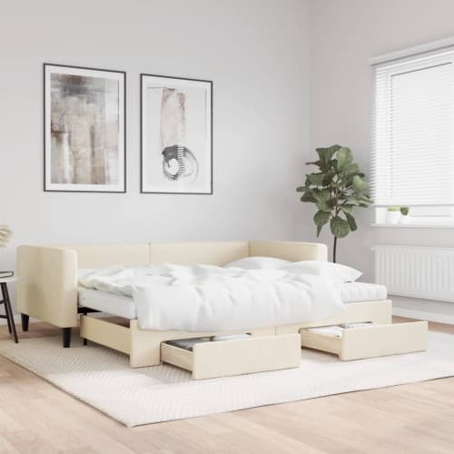 Dagbädd utdragbar med lådor gräddvit 90x200 cm tyg