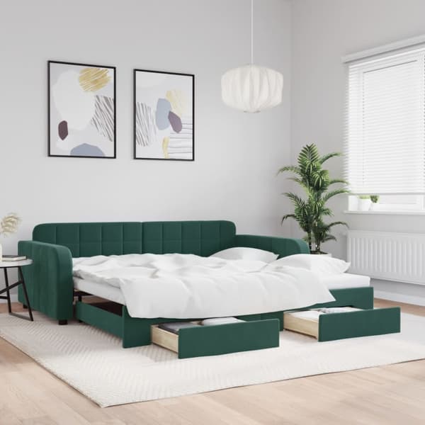 Dagbädd utdragbar med lådor mörkgrön 100x200 cm sammet