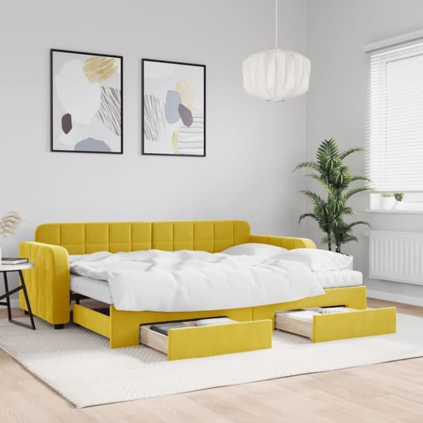 Dagbädd utdragbar med lådor gul 80x200 cm sammet