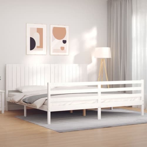 Sängram med huvudgavel vit 200x200 cm massivt trä