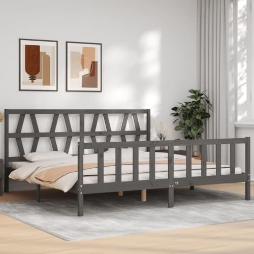 Sängram med huvudgavel grå 200x200 cm massivt trä