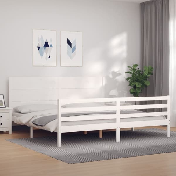 Sängram med huvudgavel vit 200x200 cm massivt trä