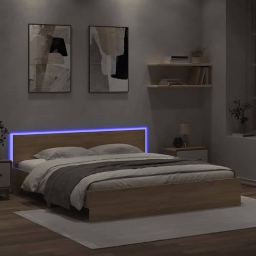 Sängram med huvudgavel och LED sonoma-ek 200x200 cm