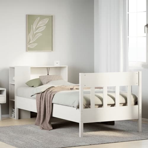 Säng med bokhylla utan madrass vit 90x200cm massiv furu