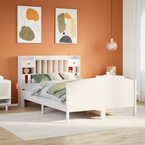 Säng med bokhylla utan madrass vit 140x190cm massiv furu