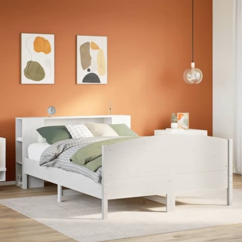 Säng med bokhylla utan madrass vit 120x190 cm massiv furu