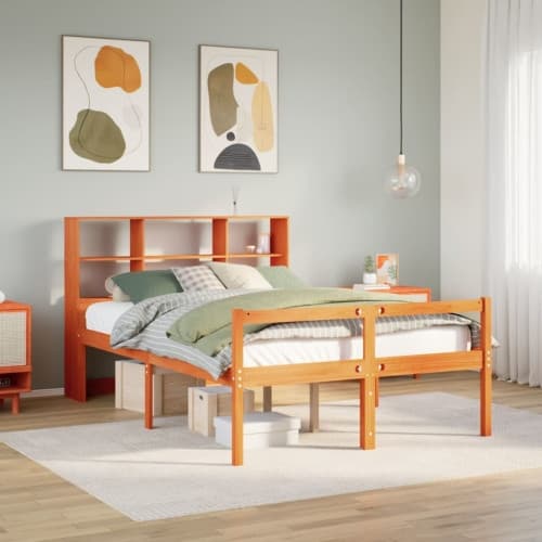 Säng med bokhylla utan madrass vaxbrun 150x200 cm massiv trä