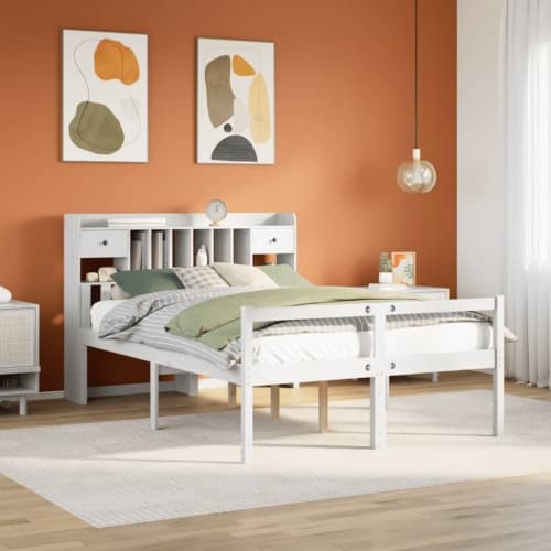 Säng med bokhylla utan madrass vit 150x200 cm massiv furu