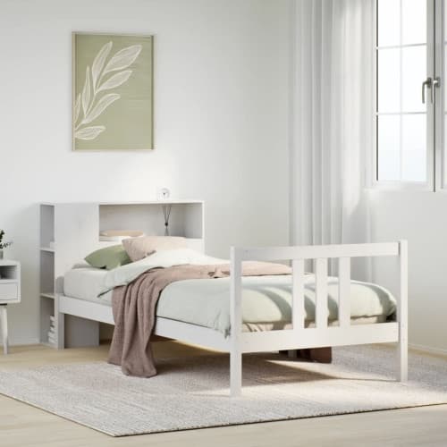 Säng med bokhylla utan madrass vit 90x200cm massiv furu