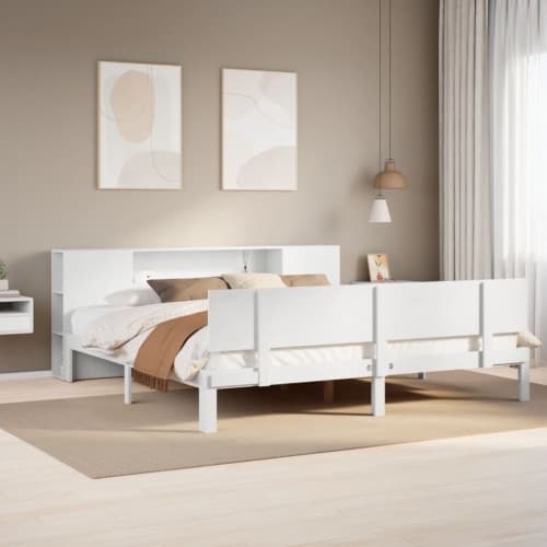 Säng med bokhylla utan madrass vit 180x200cm massiv furu