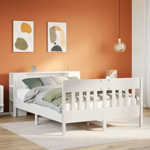 Säng med bokhylla utan madrass vit 140x200cm massiv furu