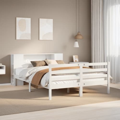 Säng med bokhylla utan madrass vit 140x200cm massiv furu