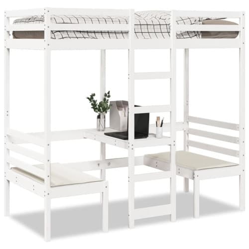 Loftsäng med skrivbord&bänkar vit 80x200 cm massiv furu