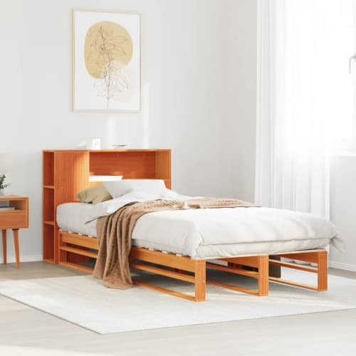 Säng med bokhylla utan madrass vaxbrun 100x200 cm massiv trä