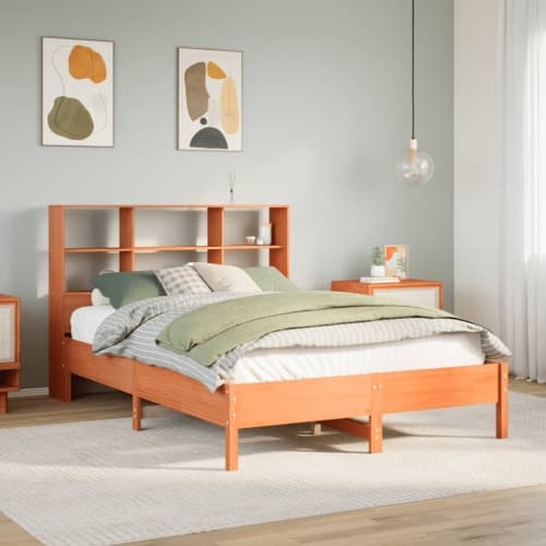 Säng med bokhylla utan madrass vaxbrun 135x190cm massiv furu