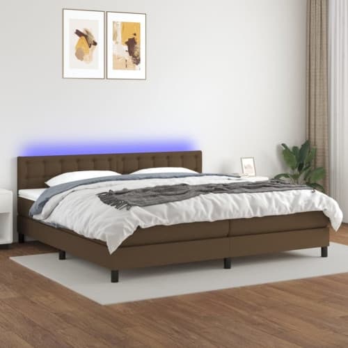 Ramsäng med madrass & LED mörkbrun 200x200 cm tyg