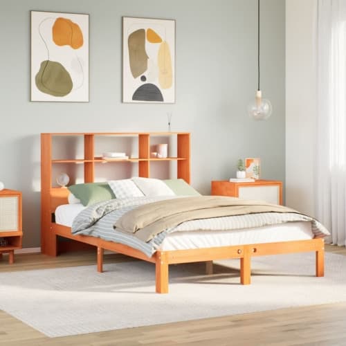 Säng med bokhylla utan madrass vaxbrun 120x190 cm massiv furu