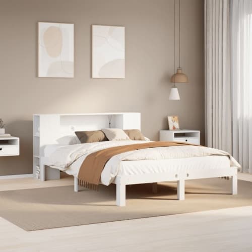 Säng med bokhylla utan madrass vit 150x200cm massiv furu