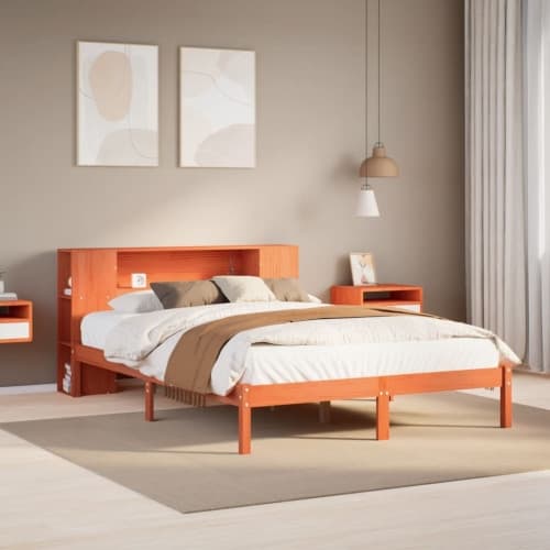 Säng med bokhylla utan madrass vaxbrun 120x190 cm massiv furu