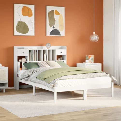 Säng med bokhylla utan madrass vit 160x200cm massiv furu