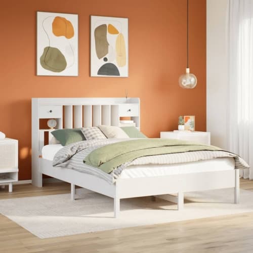 Säng med bokhylla utan madrass vit 160x200cm massiv furu