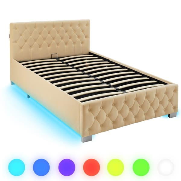 Sengeramme med LED-strips og opbevaring - beige,120 x 200 cm