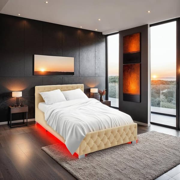 Sengeramme med LED-strips og opbevaring - beige,120 x 200 cm