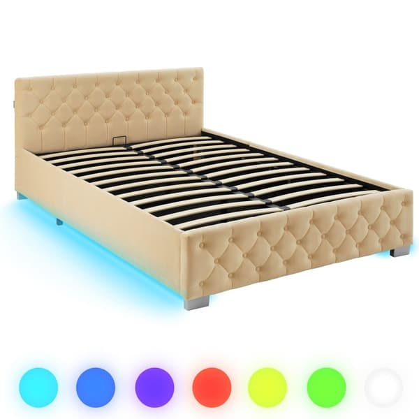 Sengeramme med LED-strips og opbevaring - beige,140 x 200 cm