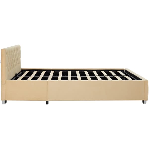 Sengeramme med LED-strips og opbevaring - beige,140 x 200 cm