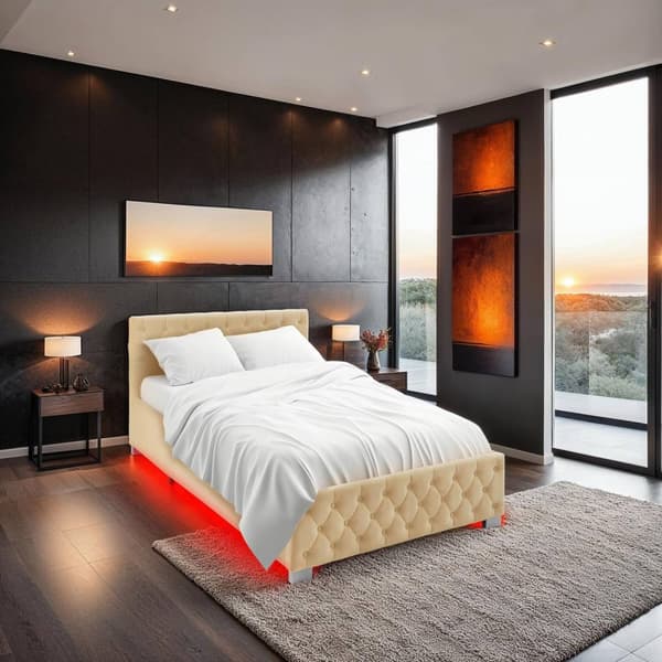Sengeramme med LED-strips og opbevaring - beige,140 x 200 cm