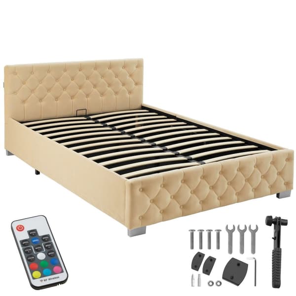 Sengeramme med LED-strips og opbevaring - beige,140 x 200 cm