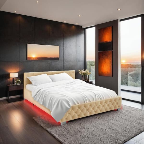 Sengeramme med LED-strips og opbevaring - beige,180 x 200 cm