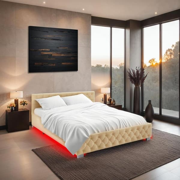 Sengeramme med LED-strips og opbevaring - beige,180 x 200 cm