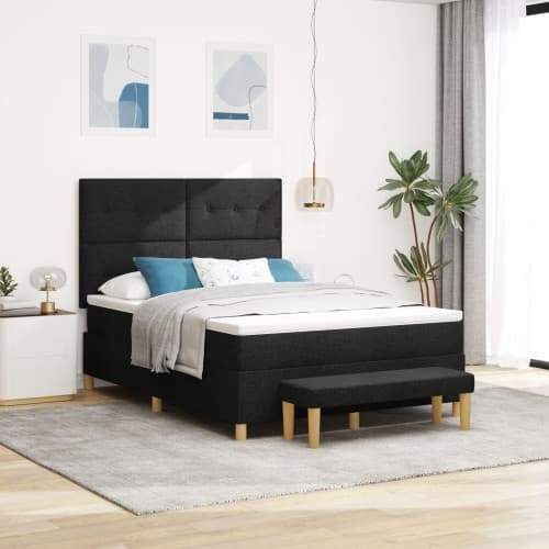 Boxspring säng med madrass & bänk svart 140x200 cm tyg