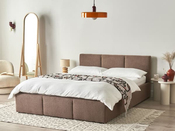 Ottomansk Seng Taupe Boucle Polstring 140 x 200 cm Tufted Sengegavl Oppbevaringsfunksjon