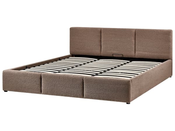 Ottomansk Seng Taupe Boucle Polstring 180 x 200 cm Tufted Sengegavl Oppbevaringsfunksjon