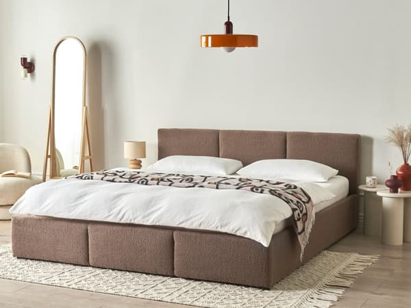 Ottomansk Seng Taupe Boucle Polstring 180 x 200 cm Tufted Sengegavl Oppbevaringsfunksjon