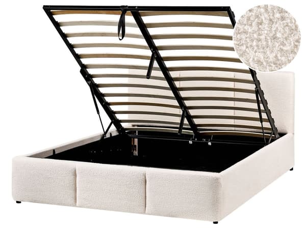 Ottomansk Seng Off White Boucle Polstring 140 x 200 cm Tufted Sengegavl Oppbevaringsfunksjon