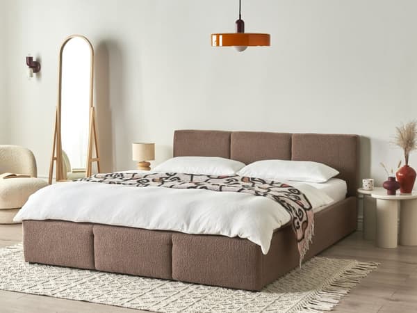 Ottomansk Seng Taupe Boucle Polstring 160 x 200 cm Tufted Sengegavl Oppbevaringsfunksjon