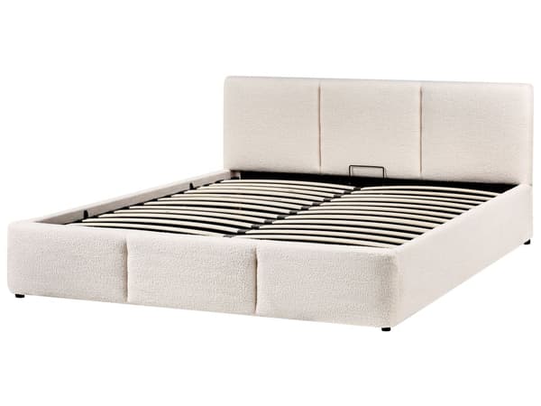 Ottomansk Seng Off White Boucle Polstring 160 x 200 cm Tufted Sengegavl Oppbevaringsfunksjon