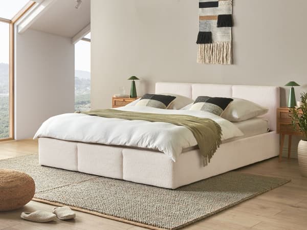 Ottomansk Seng Off White Boucle Polstring 160 x 200 cm Tufted Sengegavl Oppbevaringsfunksjon