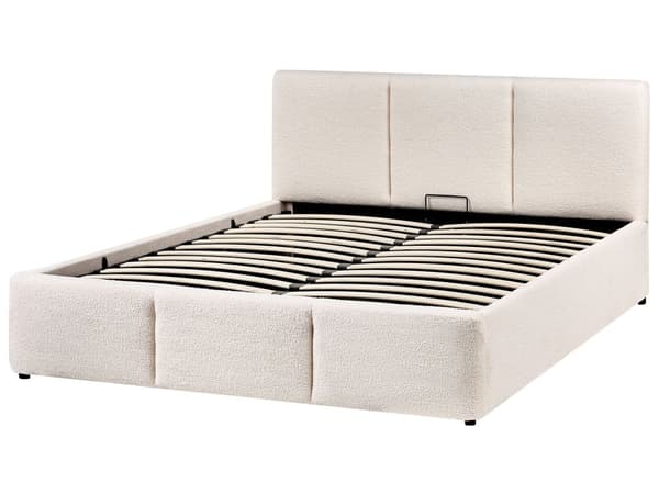 Seng Off White Boucle 140 x 200 cm Dekorativ Tre Kvart Seng med Sengegavl Halvanden Mands Kvalitetseng med Opbevaring Teenageværelse
