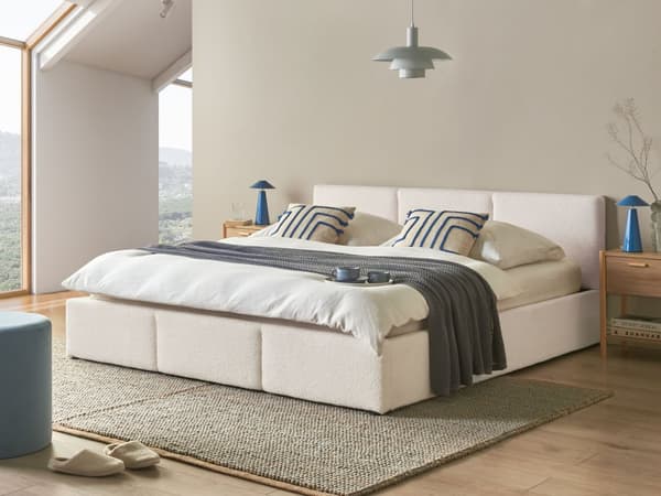 Seng Off White Boucle 180 x 200 cm Moderne To Mands Seng med Opbevaring Blød Sengegavl Dobbeltseng Sengeramme Retro Design