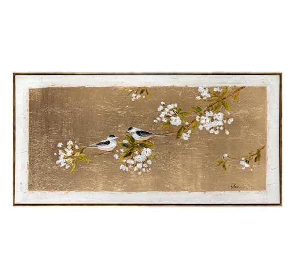 Maleri med ramme 60x120cm, fugl på gull