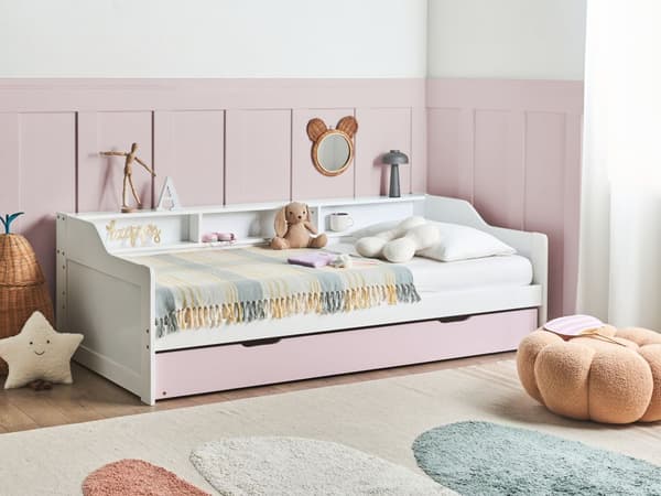 Daybed Dagseng Hvit og Rosa furu med spileramme 90 x 200 cm 3 hyller Uttrekkbar seng for 2 personer Moderne skandinavisk gjesterom Barnerom Ungdomsrom