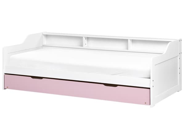 Daybed Dagseng Hvit og Rosa furu med spileramme 90 x 200 cm 3 hyller Uttrekkbar seng for 2 personer Moderne skandinavisk gjesterom Barnerom Ungdomsrom