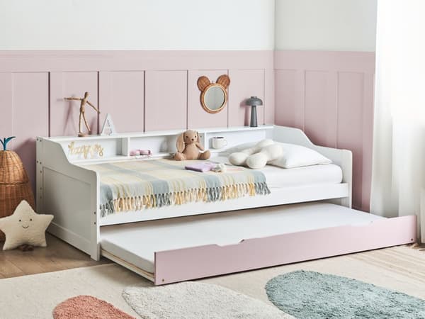 Daybed Dagseng Hvit og Rosa furu med spileramme 90 x 200 cm 3 hyller Uttrekkbar seng for 2 personer Moderne skandinavisk gjesterom Barnerom Ungdomsrom