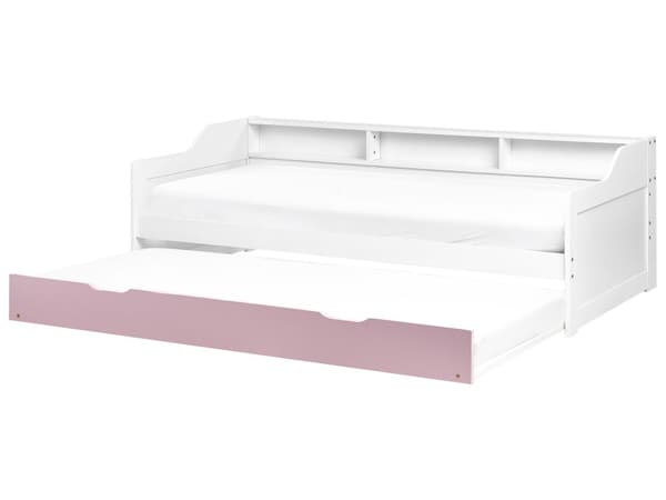 Daybed Dagseng Hvit og Rosa furu med spileramme 90 x 200 cm 3 hyller Uttrekkbar seng for 2 personer Moderne skandinavisk gjesterom Barnerom Ungdomsrom