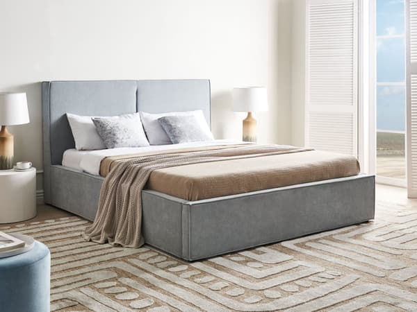 Seng med oppbevaring Lyseblå Stoff 160 x 200 cm Lamellbunn Sengegavl Modern design Dobbeltseng Soverom