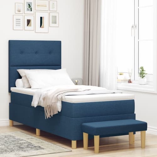 Box Våningssäng med Mattress & Bänk Blå 90x190 cm Tyg